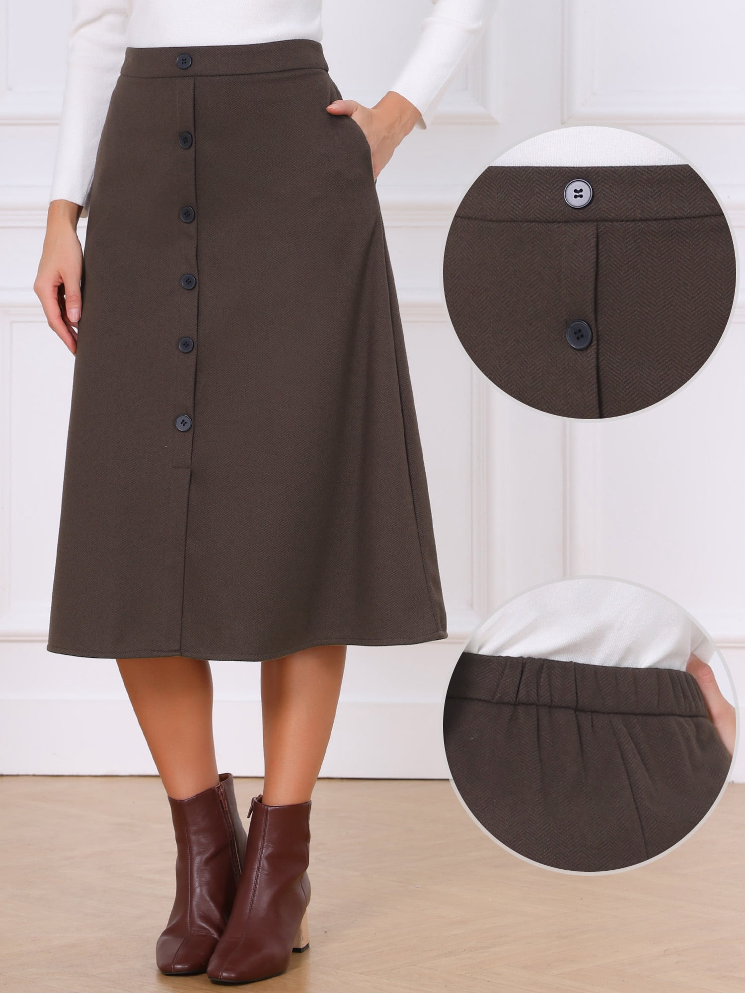 DARING DIVA Women's Work Midi High Waist Button Down Vintage Skirt S Brown