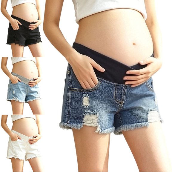 Afuyipoi Maternity 100�nim Shorts Over the Belly, Comfortable Stretchy Ripped Maternity Jean Shorts for Pregnancy Summer Blue Size L