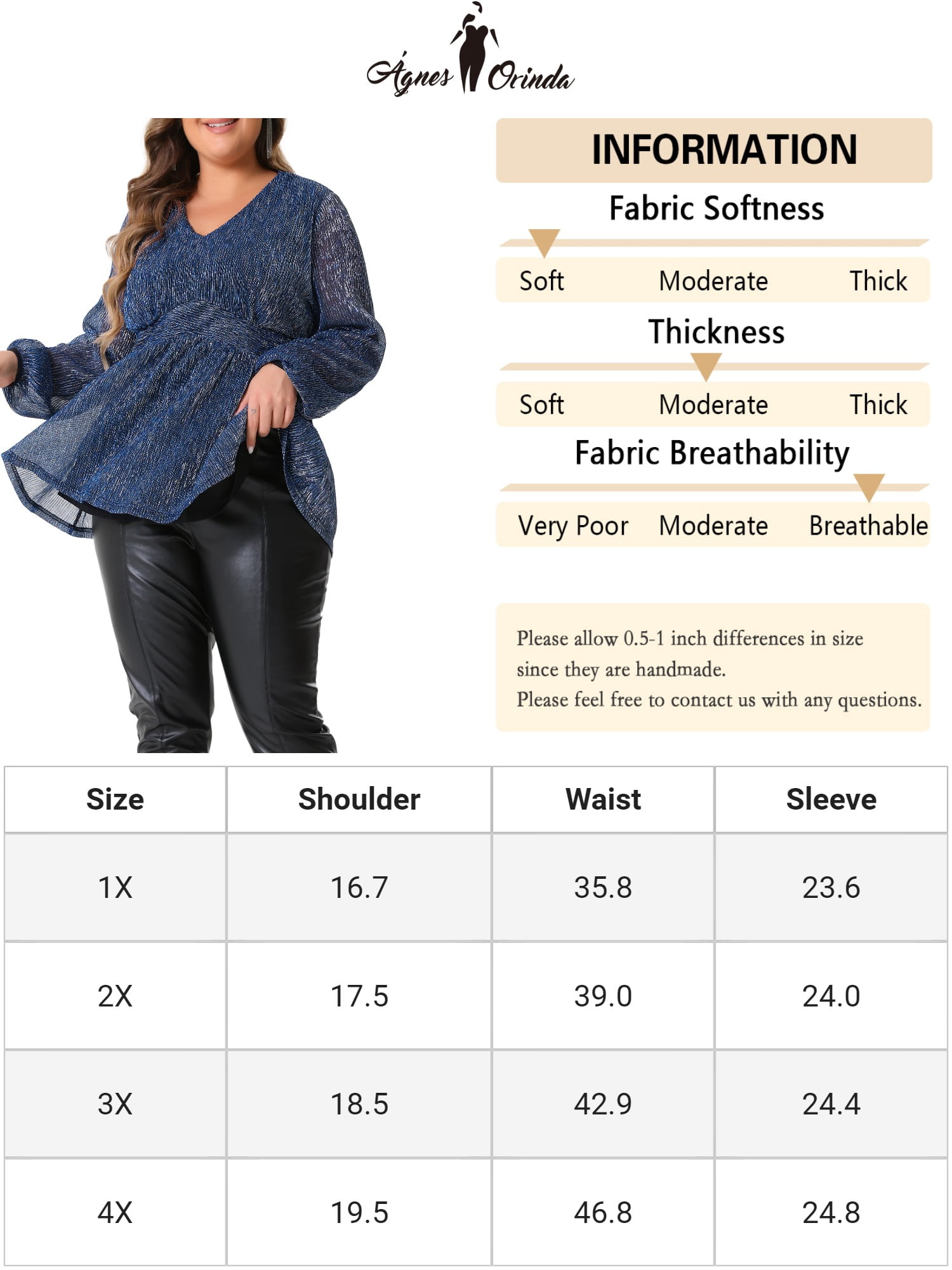 DARING DIVA Women's Plus Glitter V-Neck Waist Pleat Blouse 2X Navy Blue