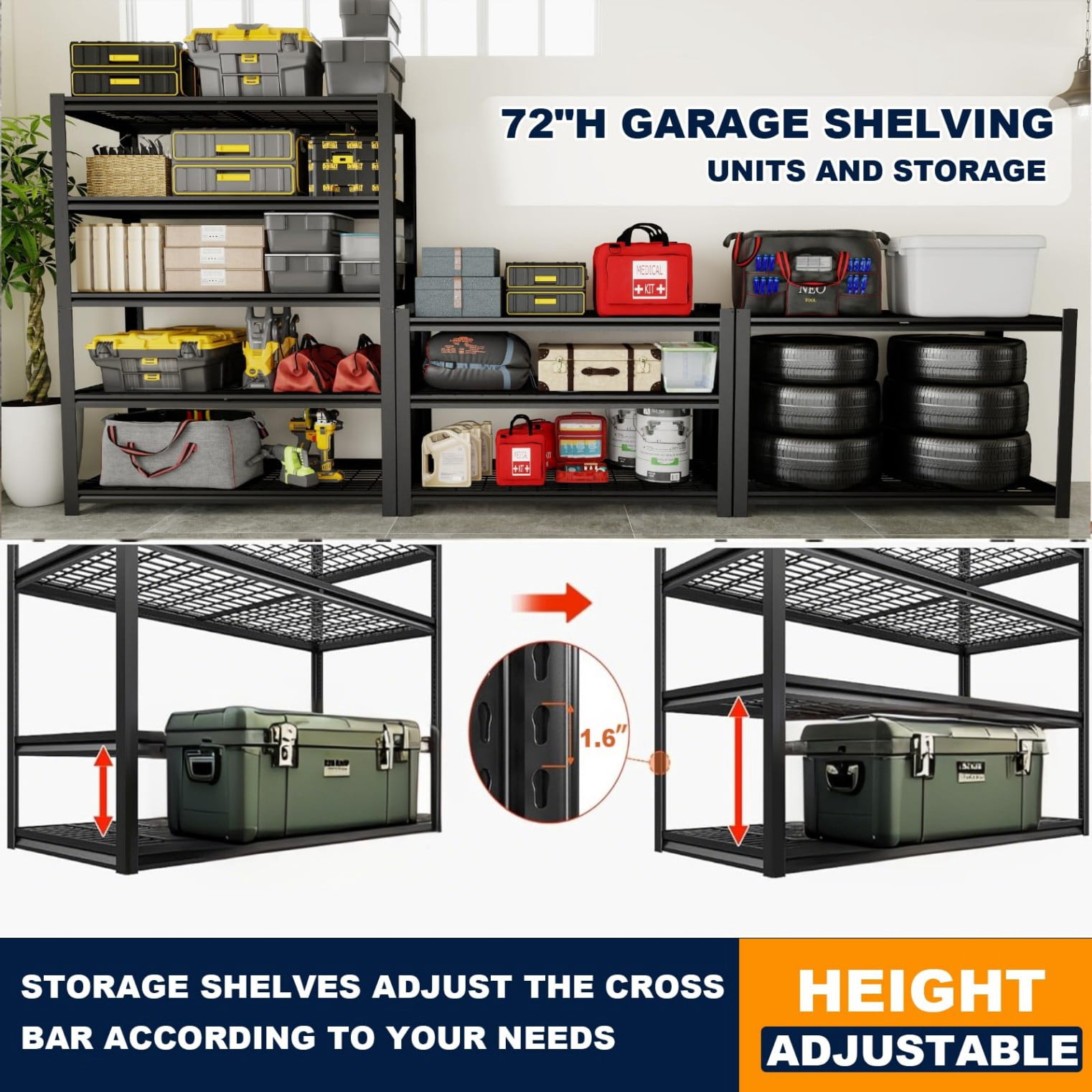 Garage Shelving Unit 5 Tier, Heavy Duty Metal Storage Rack 2240 lbs, Adjustable Wire Mesh Shelves for Garage Basement Warehouse, Black