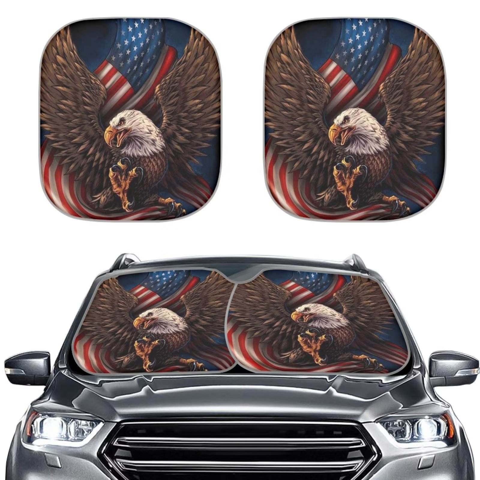 FKELYI 2 Packs American Flag Sunshade for Car Windshield Patriotic