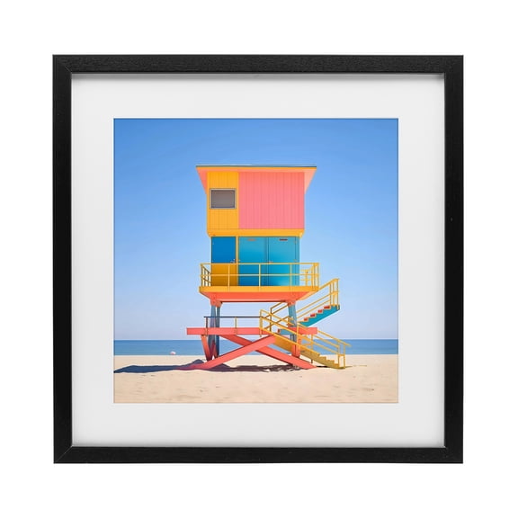 Stupell Industries Mid-Century Deco Lifeguard Tower on Beach Black Framed Print Under Glass, 13 x 13, by Creative Studio