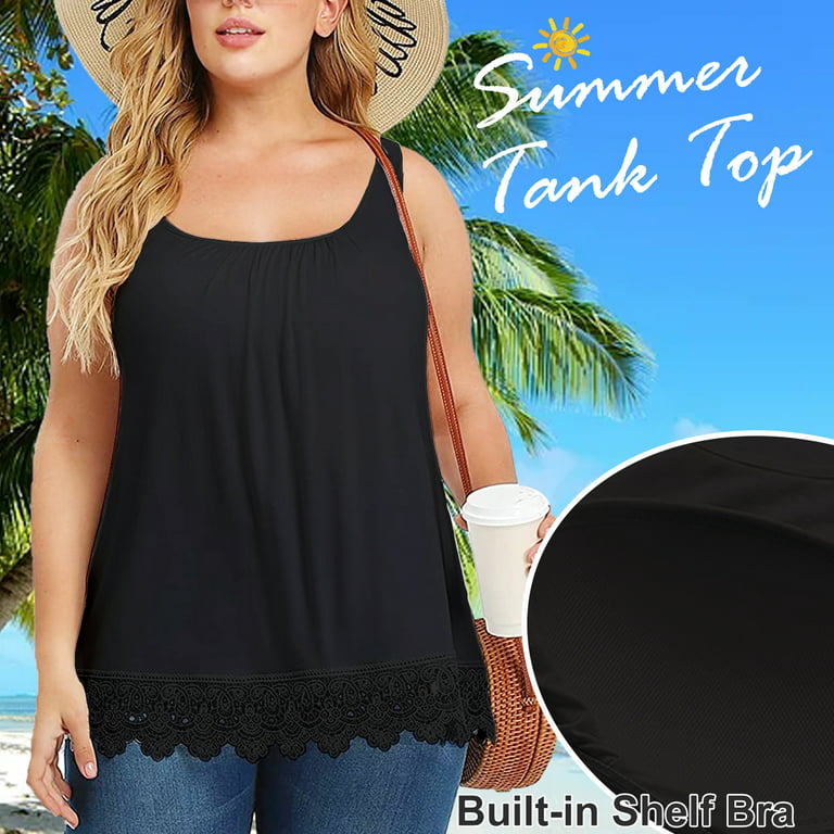 Built-in Bra Lace Women Casual Loose Cami Vest Camisole Tank Top Swing Flowy  Summer Blouse Solid