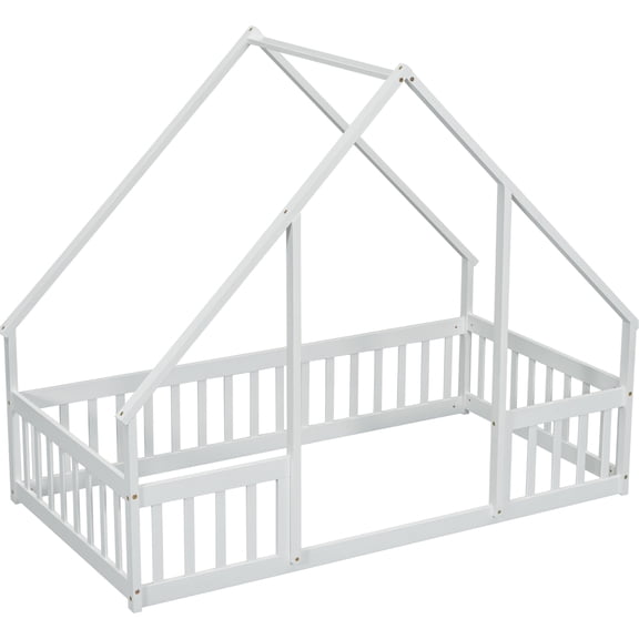 Twin Floor Bed With Guardrails And White Graceful Wood House Design House-shaped Secure Guardrail Setup