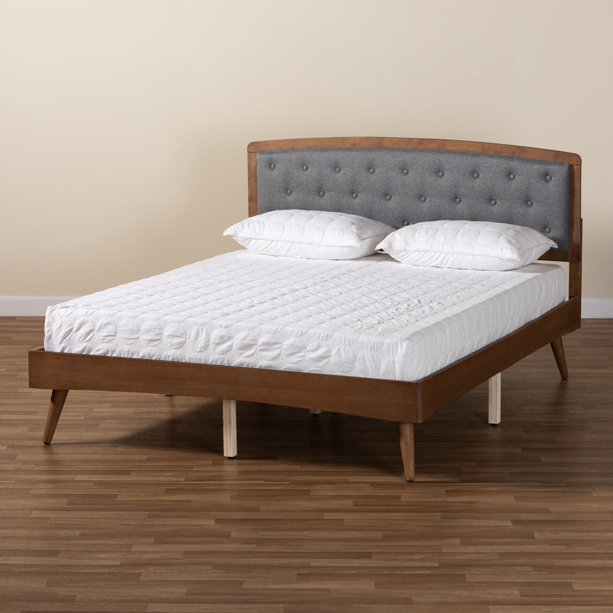 Baxton Studio Ratana Mid-Century Modern Transitional Grey Fabric Upholstered and Walnut Brown Finished Wood, King Size Platform Bed
