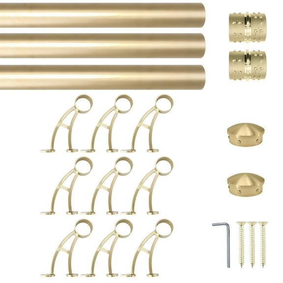 Wall Bar Mount Foot Rail Kit, Satin Golden Finish Stainless Steel Tubing w/Internal Connector, Bar Foot Rail Brackets, Tapered End Cap, 19 ft = 76 in x 3