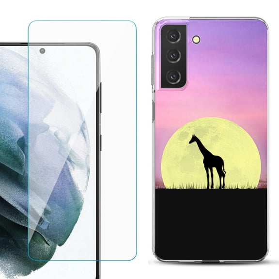 Slim-Fit TPU Fashion Phone Case for Samsung Galaxy S21 FE 5G Fan Edition, with Tempered Glass Screen Protector, by OneToughShield ® - Moonlight Giraffe