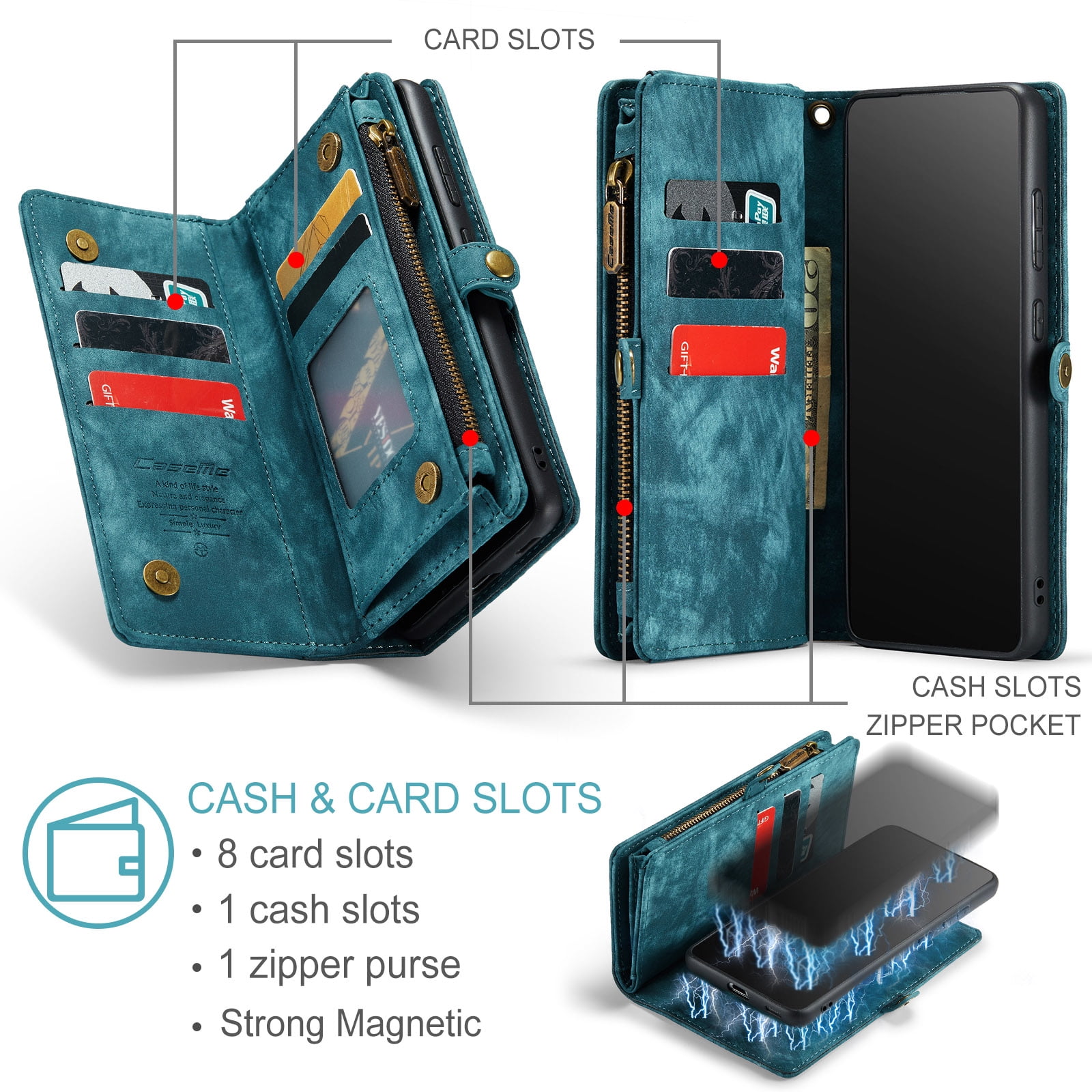 Feishell Durable 2-In-1 Magnetic Detachable Wallet Case for Samsung Galaxy S22 Plus,for Women Men,Premium PU Leather Zipper Pocket Flip Multi Card Slots Purse Phone Case with Wrist Strap,Green