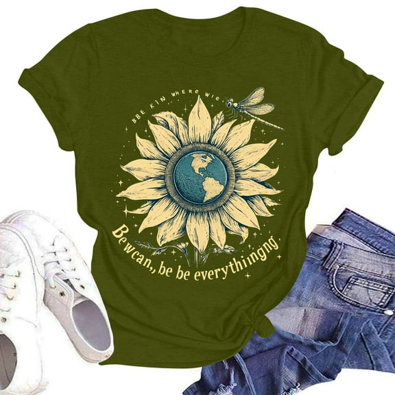 NAMTYQX Summer Blouses for Women 2025 Oversized mit Print Short Sleeve Loose Fit Graphic Stretch Fashion Round Neck Cool Womens T Shirts Loose Fit Army Green Size M