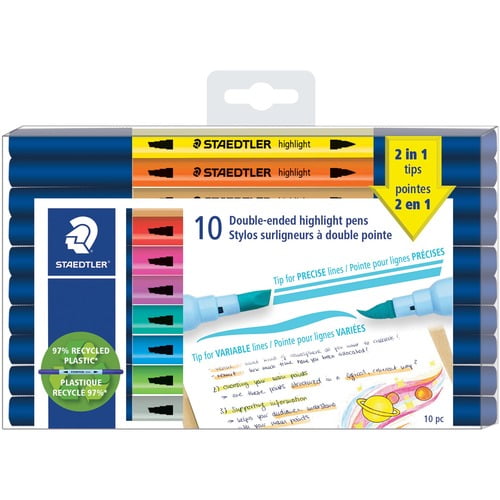 Staedtler Double-ended Highlighter Pens - Chisel, Brush Marker Point Style - Assorted Water Based Ink - 10 / Pack Staedtler Double-ended Highlighter Pens - Chisel, Brush Marker Point Style - Assorted Water Based Ink - 10 / Pack