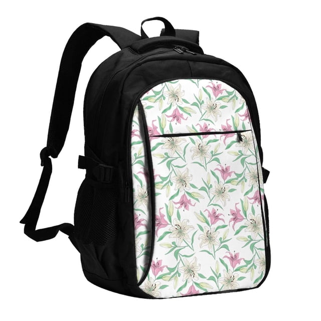 Balery Lilies Flowers Mochila con carga USB para hombre y mujer - Mochila impermeable y antirrobo para laptop con puerto USB para viajes, trabajo