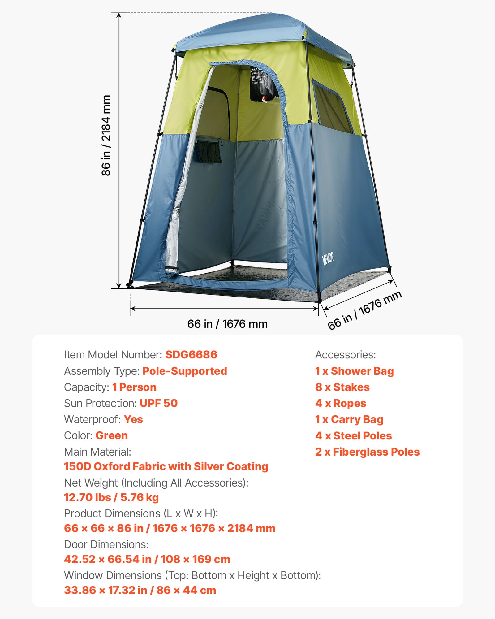 VEVOR Camping Shower Tent, 1 Room, Portable Privacy Tent Changing Room with Shower Bag, Ground Stakes, Ropes, Carry Bag, and Support Poles, 150D Oxford Fabric with Silver Coating, for Camping