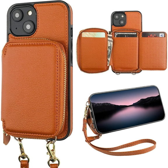 RFID Blocking Wallet Case for iPhone 14, Adjustable Crossbody Zipper Purse Case Card Holder with Kickstand Detachable Wrist Strap, PU Leather Flip Folio Case 6.1 Inch 5G (Brown)