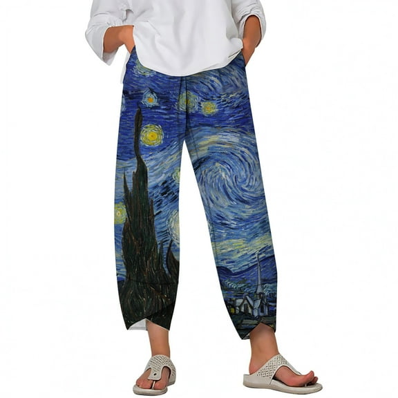 CLOOCL Women Plus Size Pants Van Gogh Pattern 3D Print Ankle Slit Pant Loose Oversize Trousers