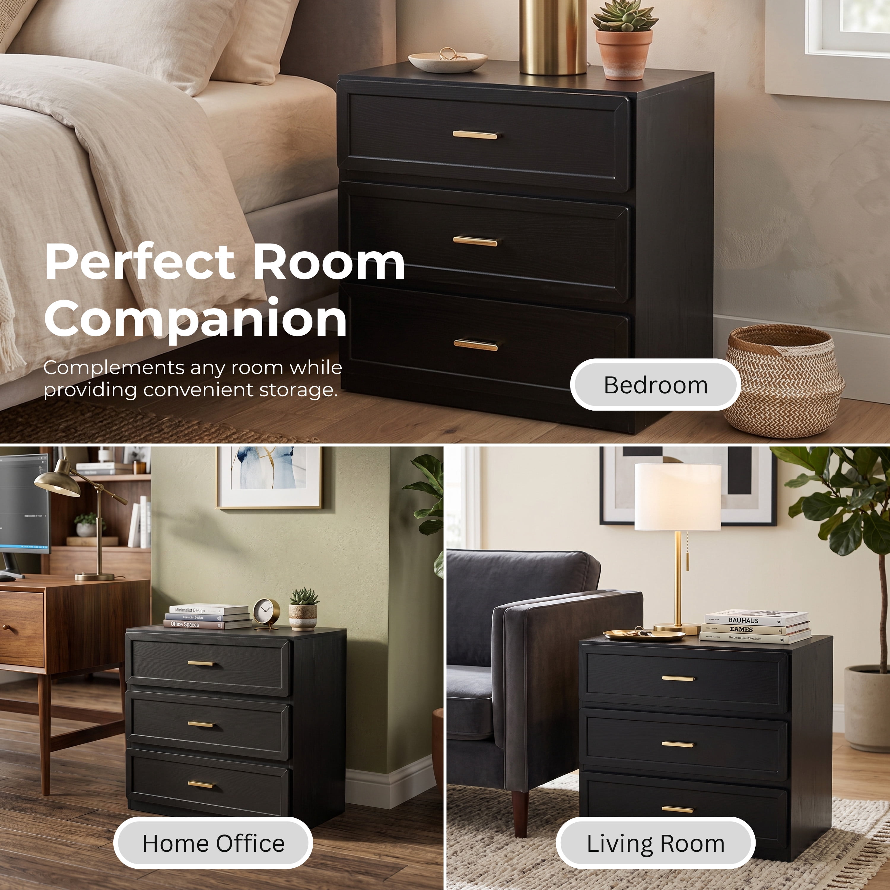 Furniture of America Rivor Modern Wood 3-Drawer Tall Nightstand, Black