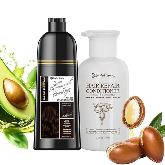 3-in-1 Natural Hair Dye Shampoo & Hair Repair Conditioner Bundle - Gray Coverage & Deep Moisture - Vegan, Sulfate-Free, Color-Safe - Argan Oil, Collagen - 2x400ml (DARK BROWN)