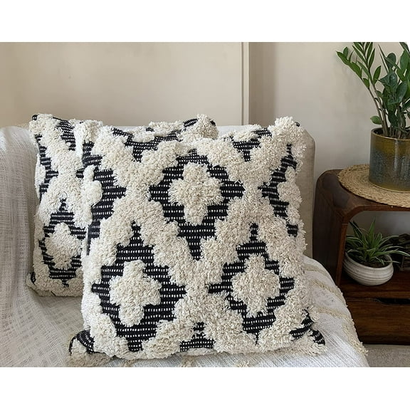 Nature4u Set of 2 Boho Throw Pillow Covers for Couch , 18 x 18Cotton Hand-Woven Tufted Decorative Pillows Covers Bedroom Living Room, Farmhouse