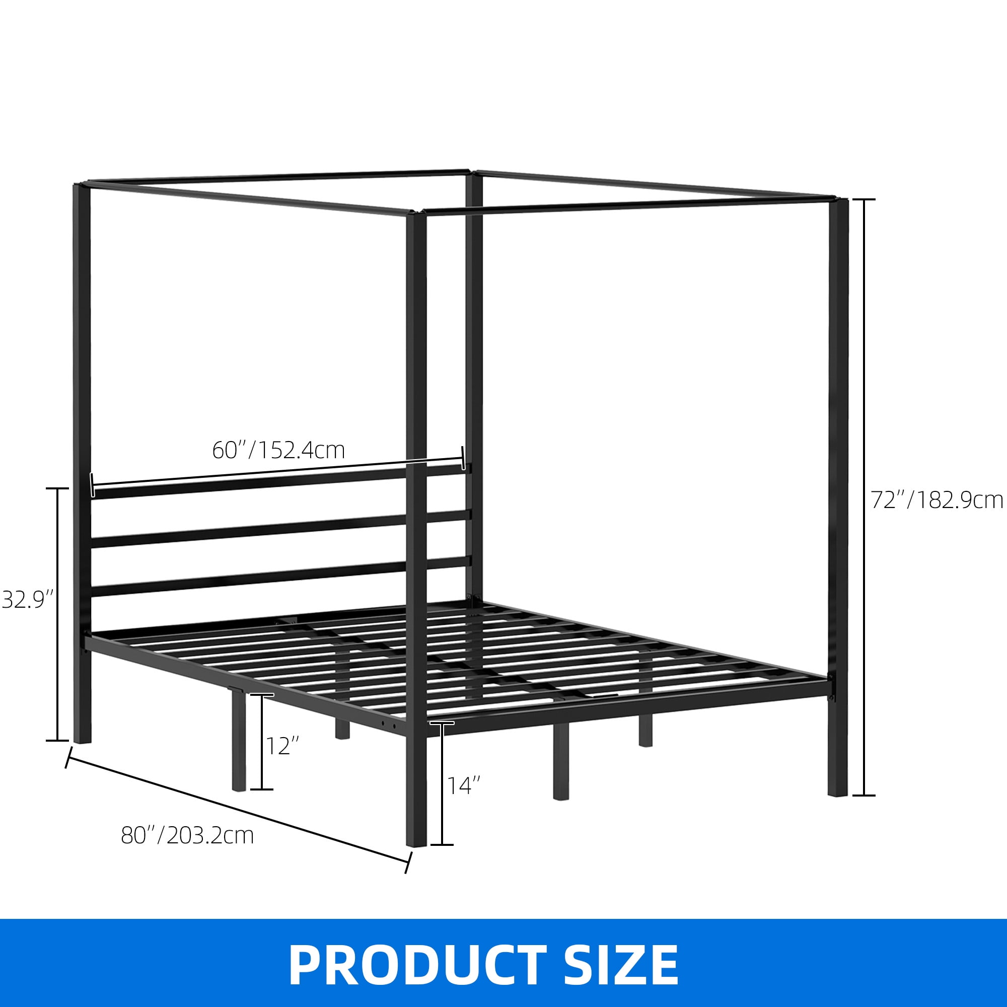 Dextrus Queen Size Metal Canopy Bed Frame 14" Platform, No Box Spring Needed, Black