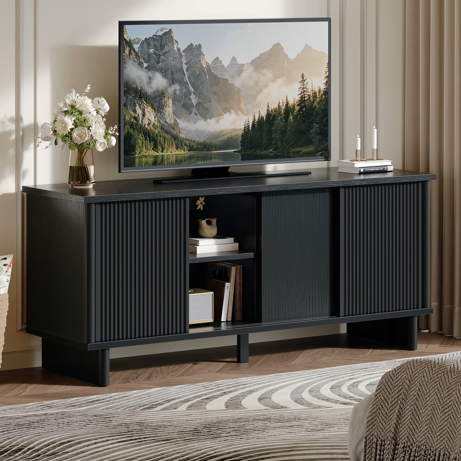 Bestier Fluted TV Stand for 65 inch TVs,Entertainment Center with 4-Sliding Doors,Height Adjustable Shelves,Media Console Table with Cable Management, TV Cabinet for Living Room,Black