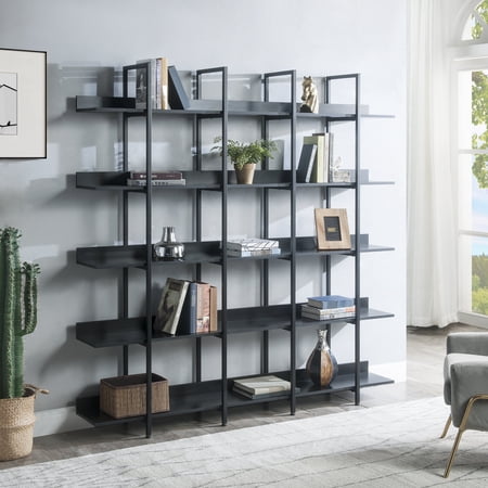 FFZ 5-Tier Industrial Style Bookshelf with Metal Frame and MDF Board, 70.9 x 10.2 x 70.7 inch, Black