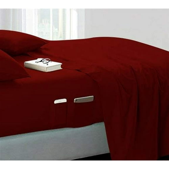 DNG Creations 4 Piece Sheet Set 12 Inch Deep Pocket With Side Storage Pockets 100% Egyptian Cotton, 800 Thread Count ( Solid Burgundy - Twin )