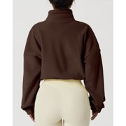 Zando Women Oversized Full Zip Fleece Jacket Long Sleeve Sherpa Crop Coat with Drawstring Hem Coffee Brown L