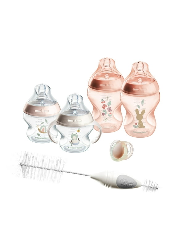 Tommee Tippee Natural Start Babys First Bottle Set, 2 x 5oz and 2 x 9oz Anti-Colic Bottles, Slow and Medium Flow Nipples, 0-6 month pacifier, Pink