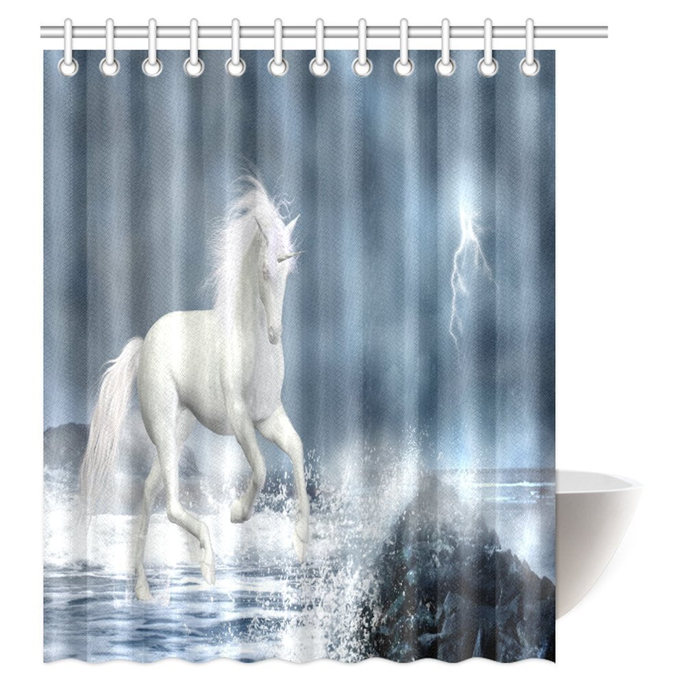 MYPOP Unicorn Shower Curtain, White Unicorn Running under Thunderstorm