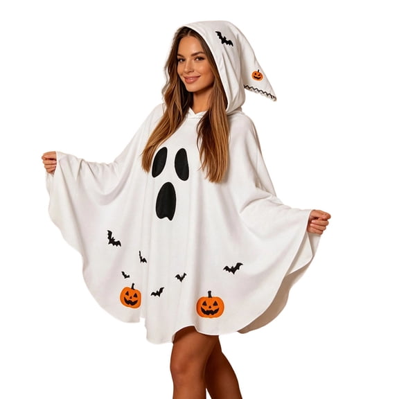 2026 Adult Halloween Ghost Hooded Cape, White Printed Poncho Cloak for Party Stage Performance One Size