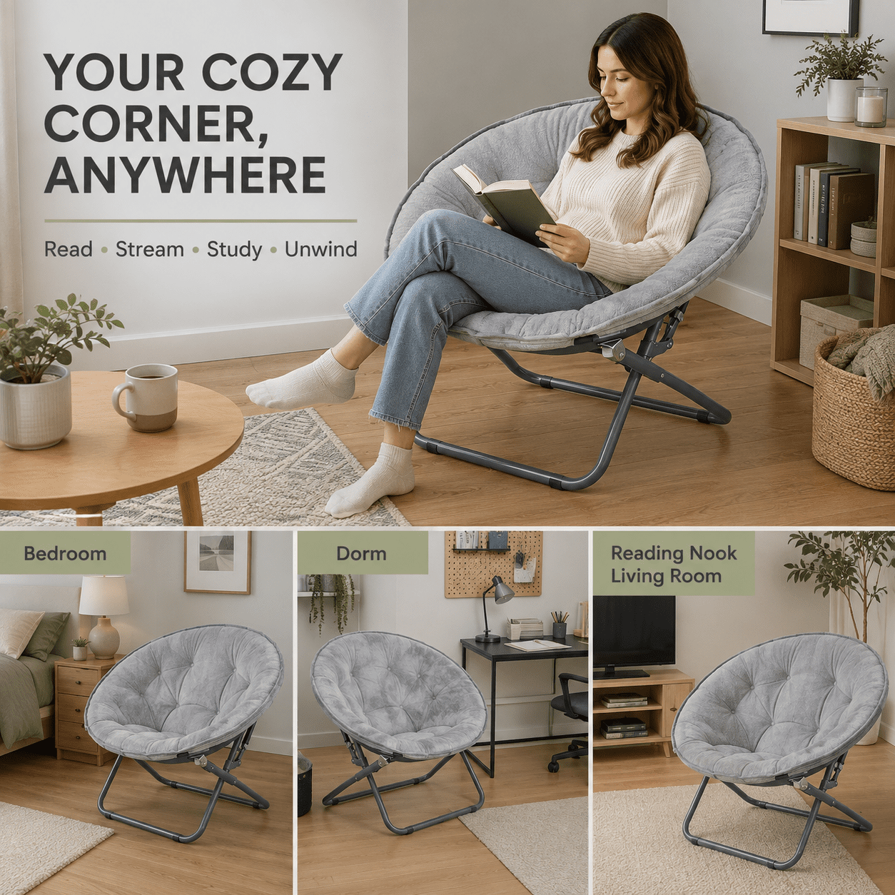 CLOUDREST PRO Soft Plush Folding Saucer Chair for Adults, Padded Round Lounge Seat, Metal Frame, 300 lb Capacity, Gray