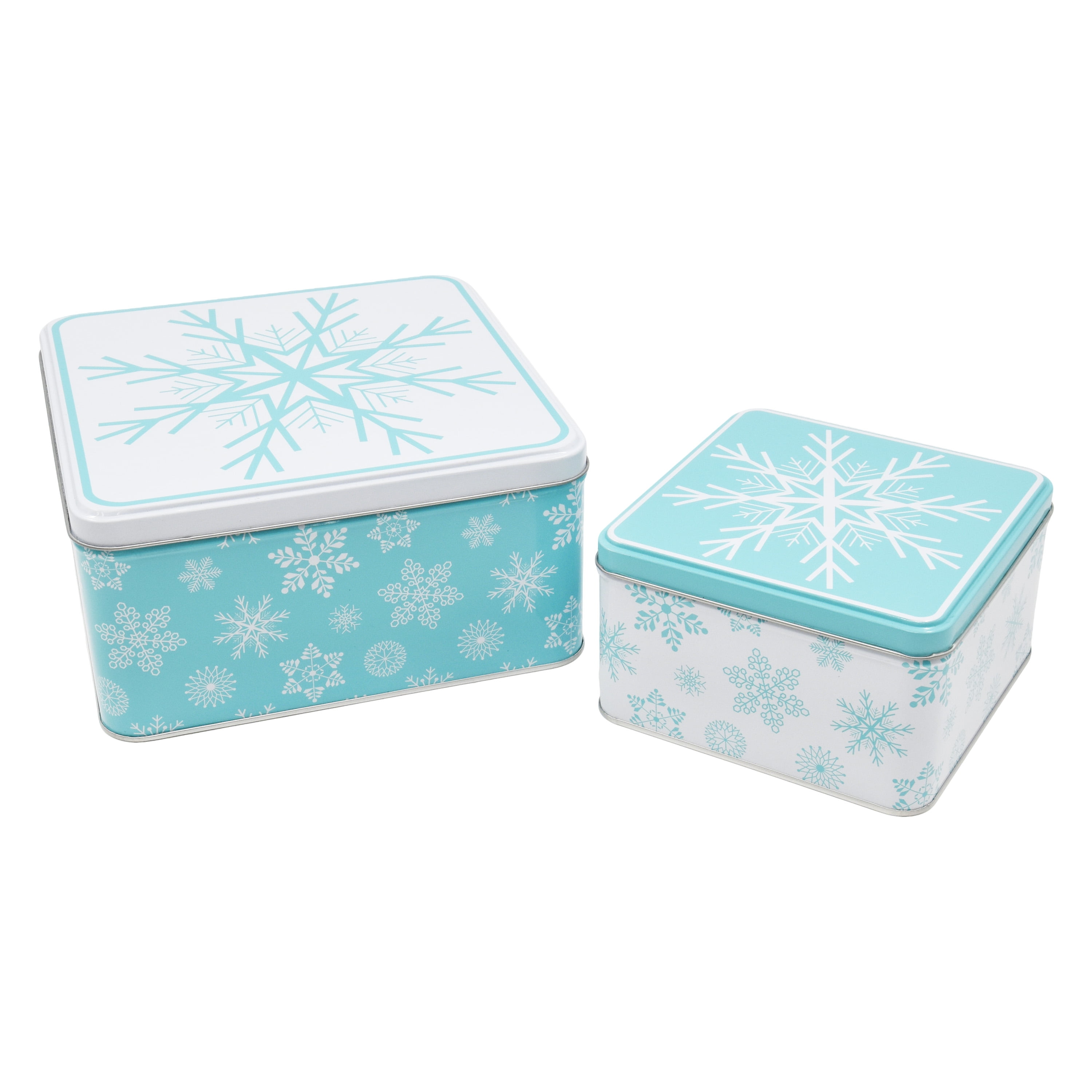 Holiday Time Christmas Snowflake Metal Blue Festive Gift Tin with Lid Large, 8.2" x 8.2" x 4.1", <ul><li>Holiday Time Christmas Snowflake Metal Blue Festive Gift Tin with Lid Large</li><li>Featuring a blue tin body with a festive white lid decorated with snowflake prints</li><li>Lightweight, reusable</li></ul>