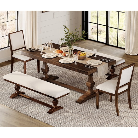WAMPAT 5-pieces Farmhouse Dinning Table for 6-8,74.8" Kitchen Table Set with 2 Benches and 2 Chairs,Solid Wood Legs and Cushion Seat for Kitchen & Living Room,Espresso Brown