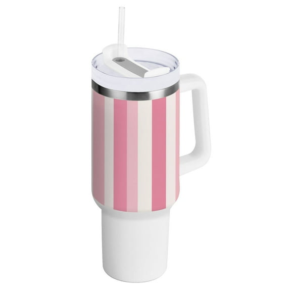 40 oz Tumbler with Handle and Straw Lid Pink Striped Insulated Vacuum Water Bottle Stainless Steel Travel Cup