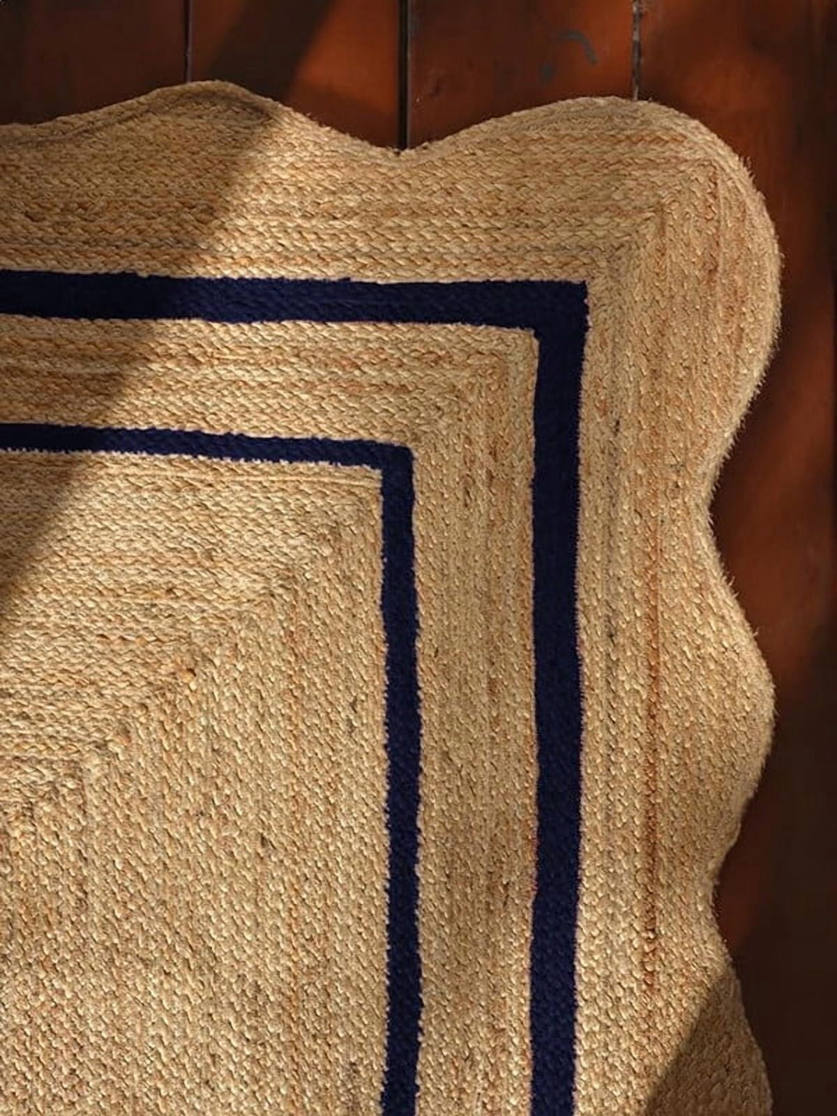2.6x5 Ft Navy Blue Border Premium Scalloped Jute Rug, Handcrafted Natural Braided Carpet for Living Room, Bedroom, Entryway, Hallway etc.