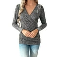 thumbnail image 2 of ClodeEU Women's Cross Wrap V Neck Long Sleeve Slim Fitted Rhinestone T Shirt Top,Ruched Elegant Tee Top Gray,Womens Plus XXL, 2 of 5