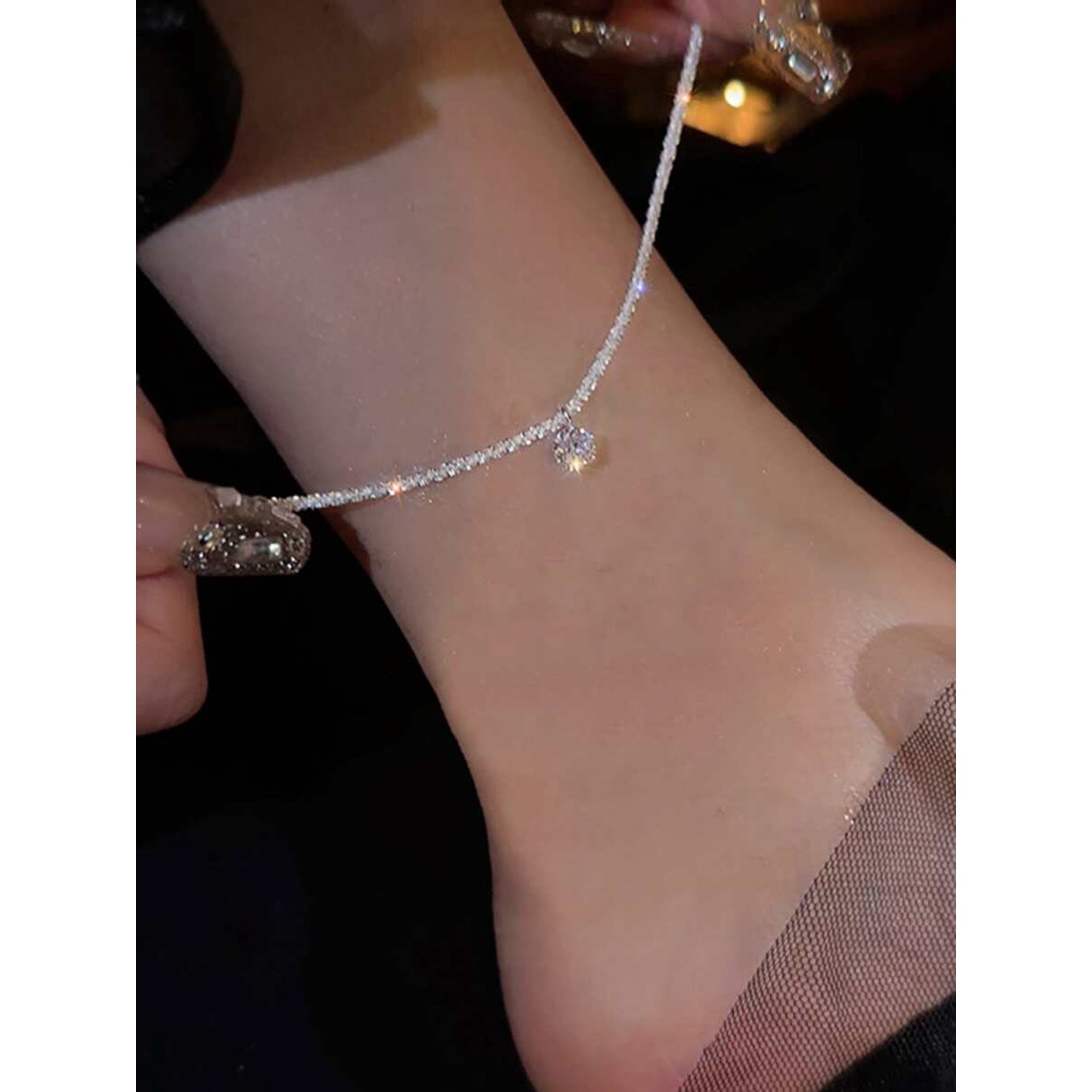 Silver Water Drop Pendant Anklet With Pave Chain For Women