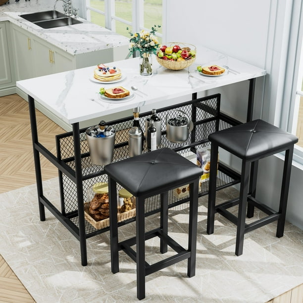 Kitchen Island Set Syngar 3 Piece Bar Dining Table Set with 2 Stools Open Shelves Modern Breakfast Dining Set for 2 Kitchen Island and Stools Set