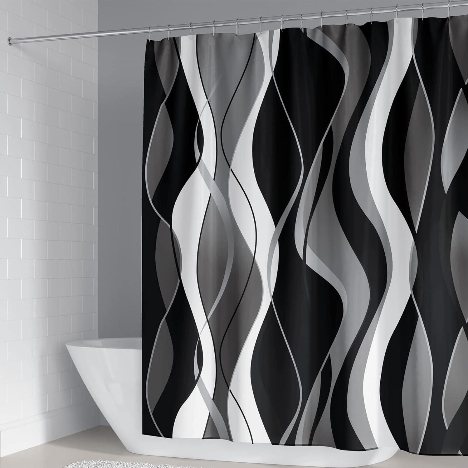 4Pcs Pink Shower Curtain Sets with Non-Slip Rugs, Toilet Lid Cover and Bath Mat, Black and Gray Bathroom Decor Set Accessories Fabric Waterproof Shower Curtains with 12 Hooks, 72 x 76 Inch