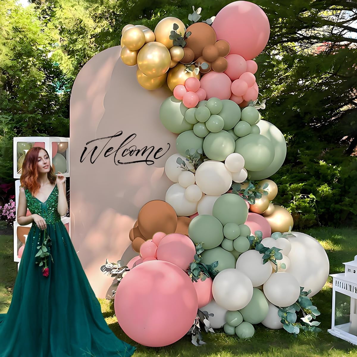 Burculy Pink Green Brown White Balloon Garland Arch Kit, 166Pcs Blush Pink Pastel Green White Sand Tan Brown Boho Balloons for Baby Shower Birthday Wedding Safari Jungle Woodland Party Decorations