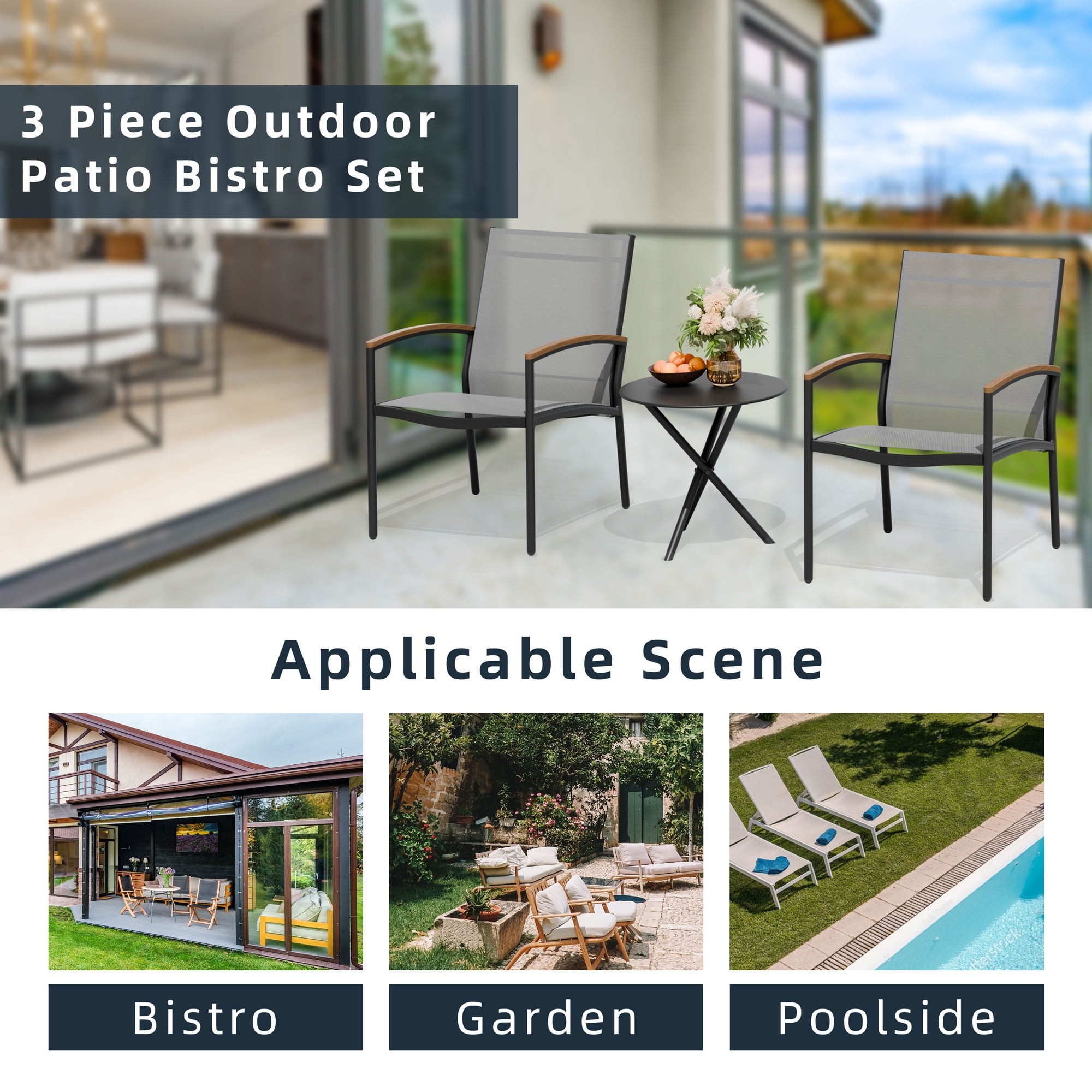 Walsunny Outdoor Patio Bistro Sets 3-Piece Balcony Furniture with 2 Bistro Chairs 1 Outdoor Bistro Table Light Gray