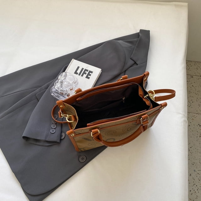 Bolso cruzado con bandolera para mujer, bolso de viaje con cremallera y estampado de letras de PU (marrón)