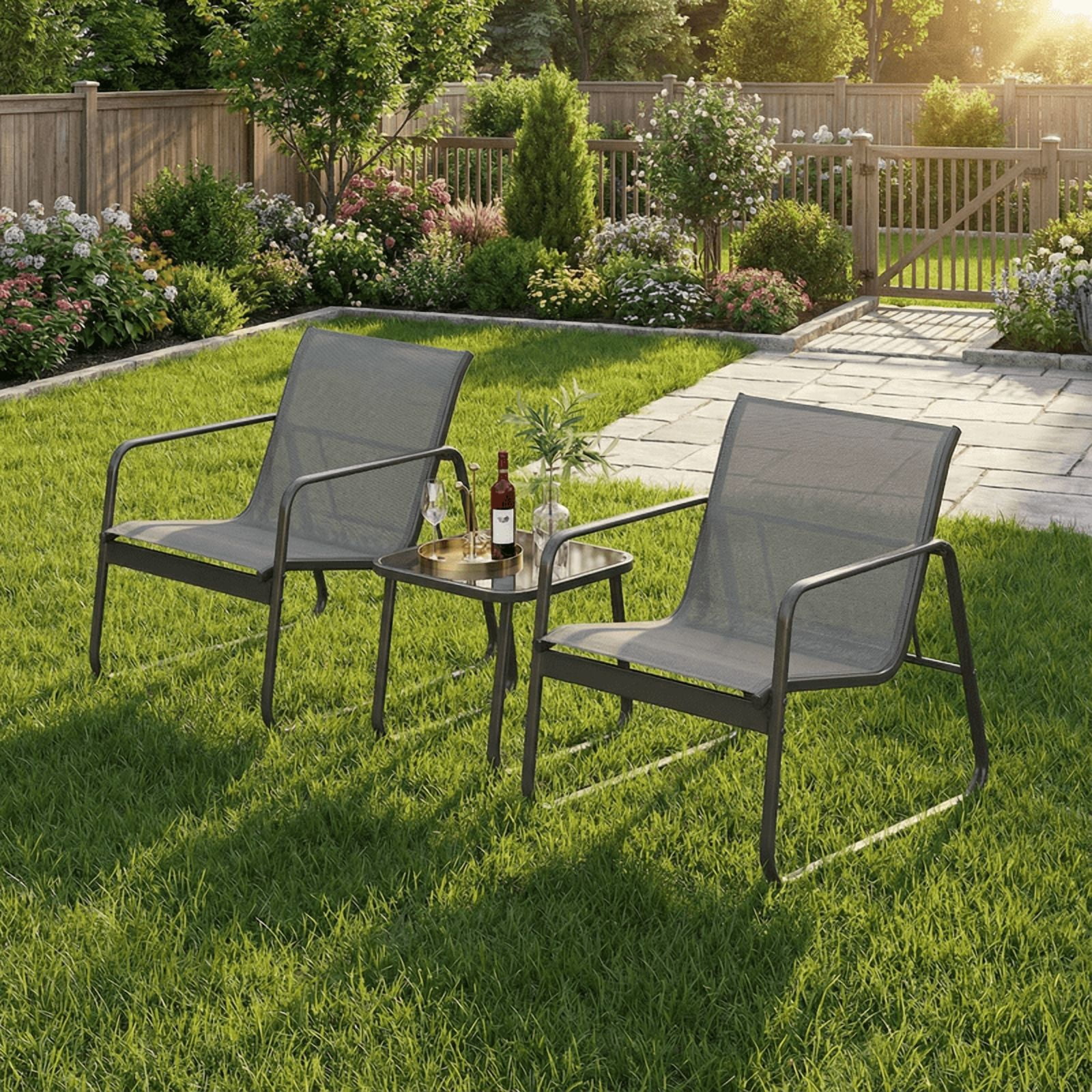 3-Piece Outdoor Patio Furniture Set, Modern Textilene Conversation Set with Coffee Table, All-Weather Bistro Set for Lawn, Balcony, Backyard, and Porch, Gray