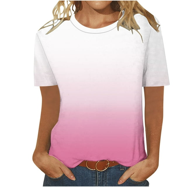 Staron Womens Summer Tops Short Sleeve Blouses Gradient Color Block Crew Neck Trendy Summer Shirts Basic Business Tees Summer Tops Tunic Pink S