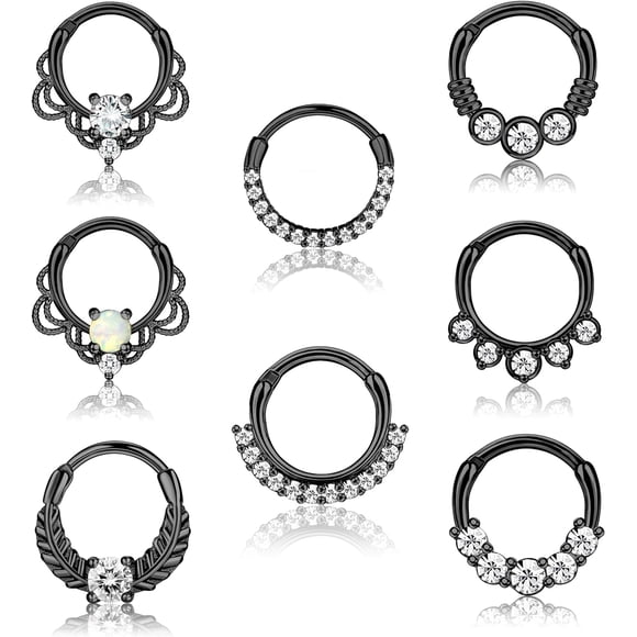 8PCS 16G Septum Clicker Ring Stainless Steel Opal Cartilage Helix Tragus Hoop Daith Earrings Nose Rings Hoop Hinged Segment Clicker Ring Piercing Jewelry black tone 10mm