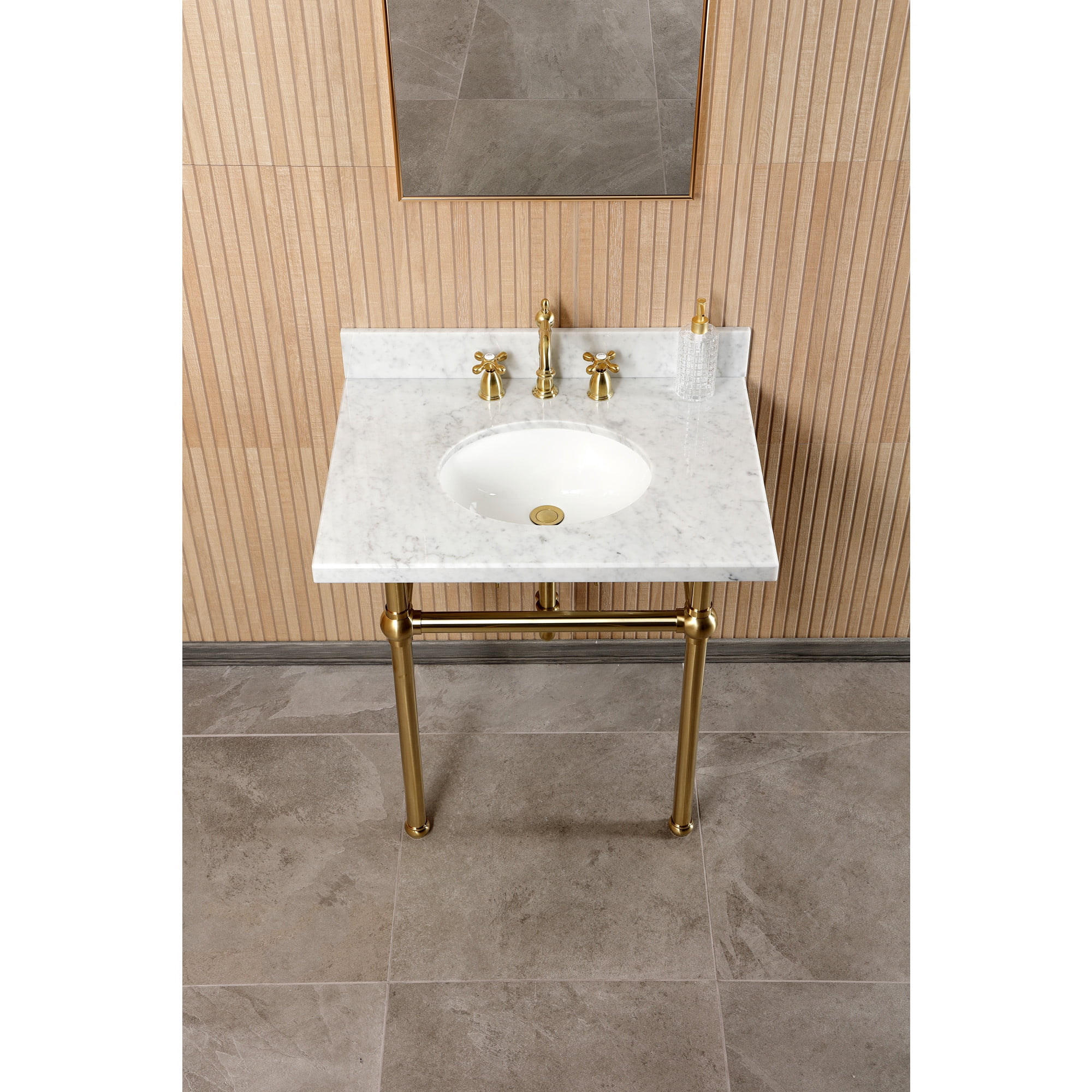 Kingston Brass CKVPB3030MB7 Templeton 30" Carrara Marble Console Sink Set with Widespread Bathroom Faucet and Plumbing Trim Kit (8-Inch, 3-Hole), Carrara Marble White/Brushed Brass