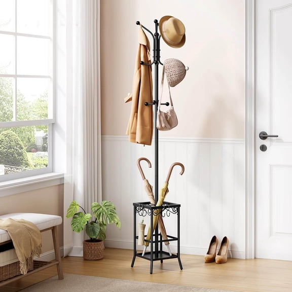 Coat Rack Freestanding, Coat Tree with Umbrella Holder, Metal Stand with Hooks, Standing Coat Hanger, Umbrella Stand for Entryway, Hat Rack for Home Office, Black