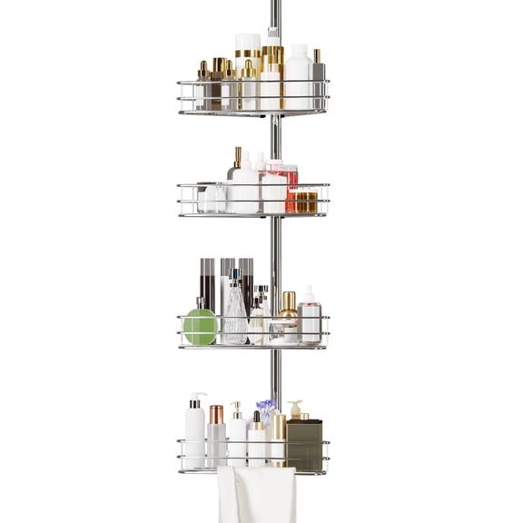 Shower Caddy Tension Pole Adjustable 4 Rustproof Baskets with Towel Bars, No-Drill Installation 75-110 Inch Expandable Shelf Organizer for Bathroom Corner Shower Storage Satin Nickel