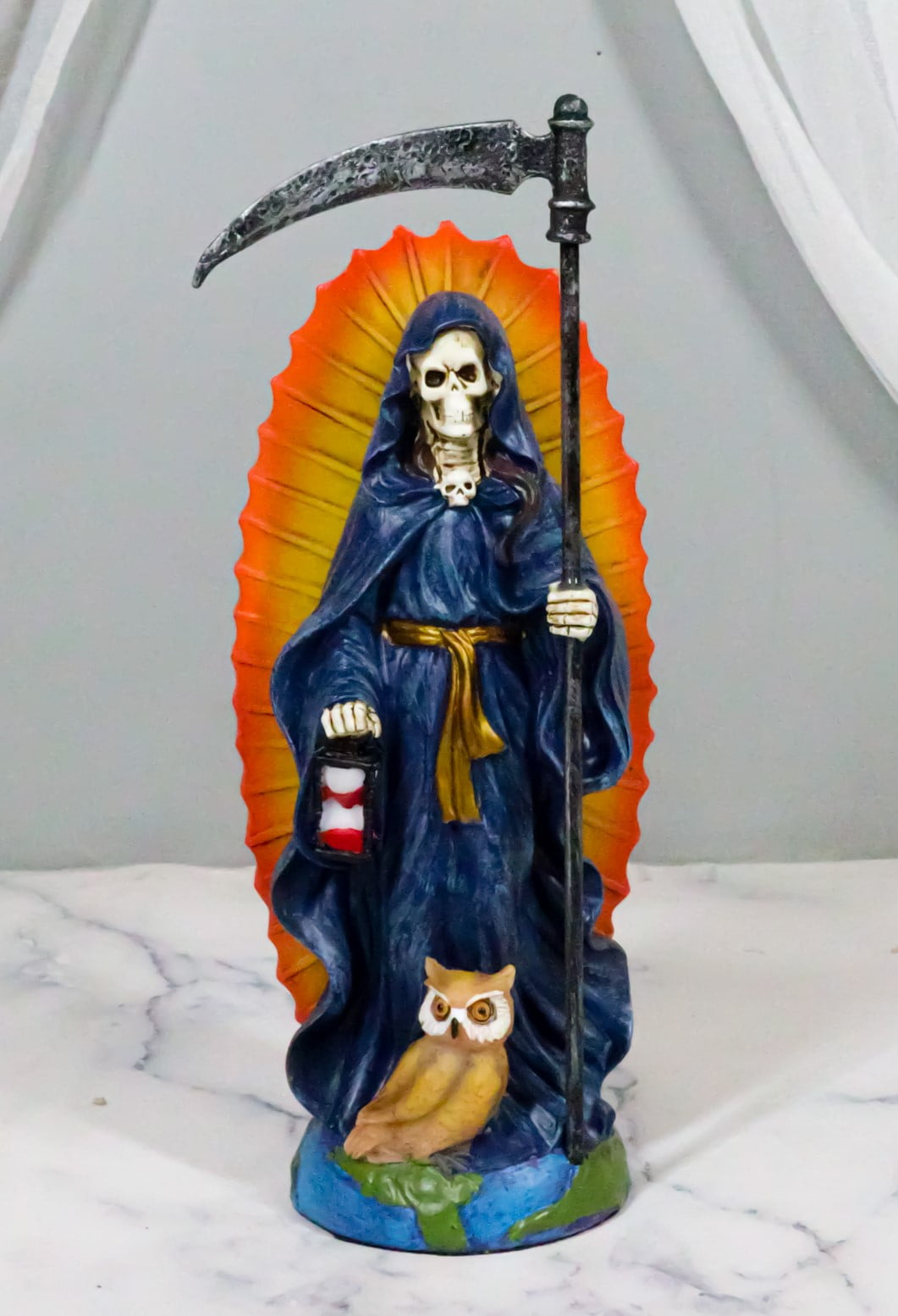 Standing Blue Santa Muerte Skeleton With Scythe Hourglass And Wise Owl ...