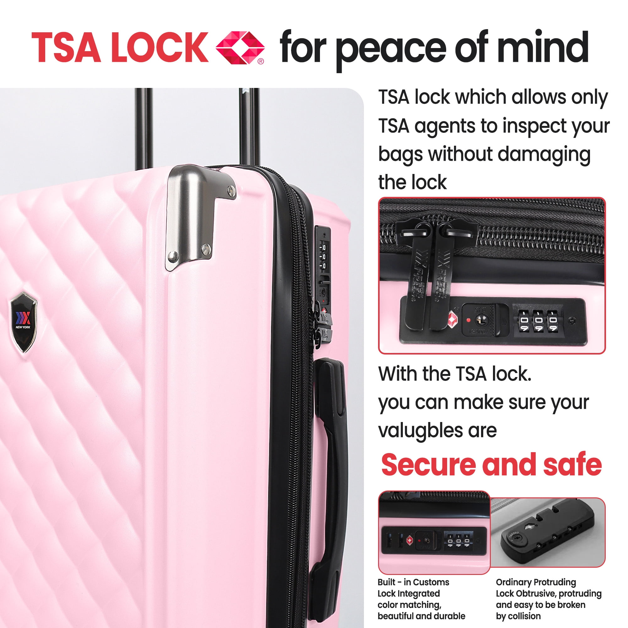 New York Xpress 20" Carry-on Luggage,Expandable Hardshell Spinner Suitcase with TSA Lock, Airplane Approved, Pink - WD576