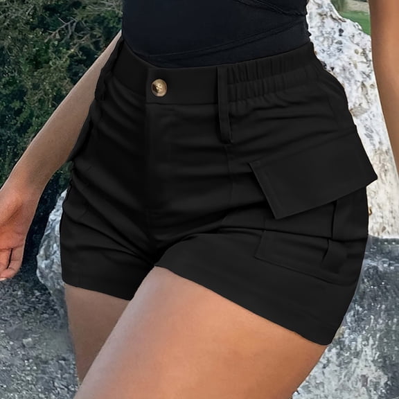 IDALL Cargo Shorts Work Shorts Hiking Shorts Women Women's High Waist Button Streetwear Cargo Shorts With Pockets Cotton Shorts Black L